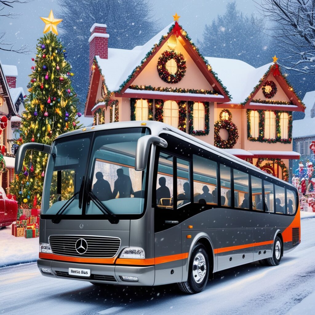 Luxurious Mercedes bus in a Christmas setting with snow and holiday lights.