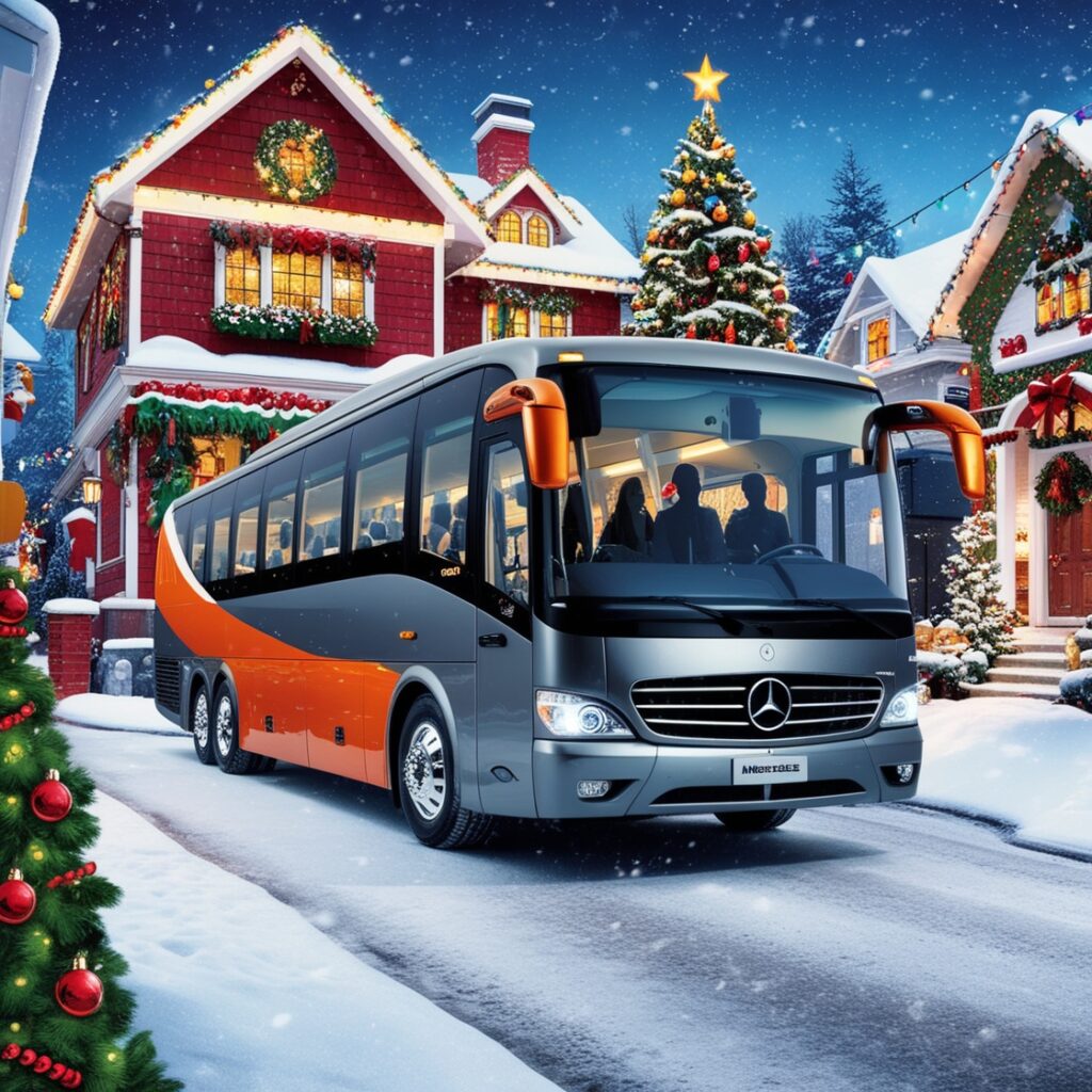 AJ EPIC Christmas bus rental parked in front of a beautifully decorated home.