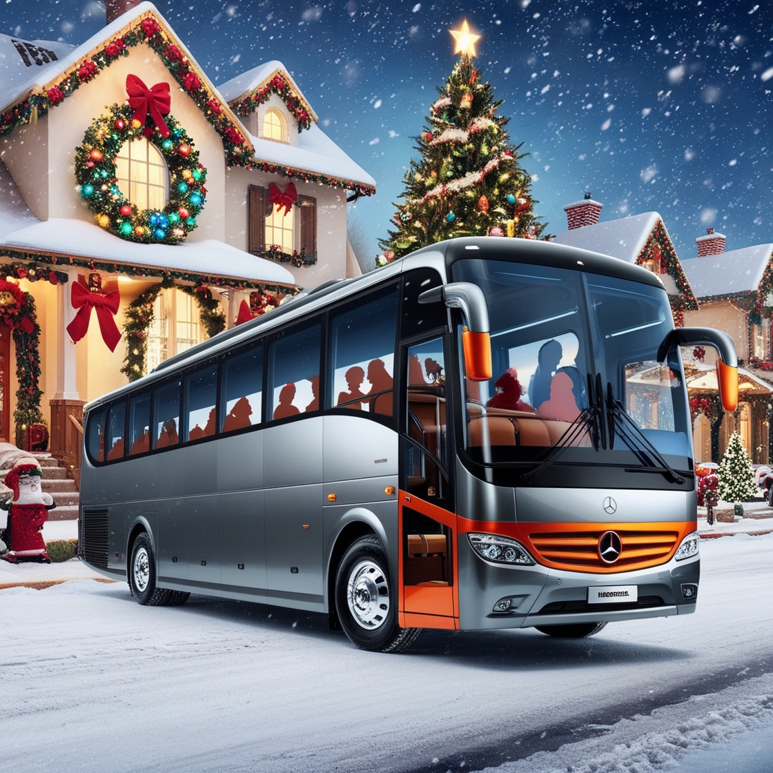 AJ EPIC Christmas bus rental parked in front of a beautifully decorated home.