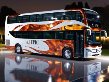 "AJ EPIC 50 seater bus traveling along the Dubai Marina"