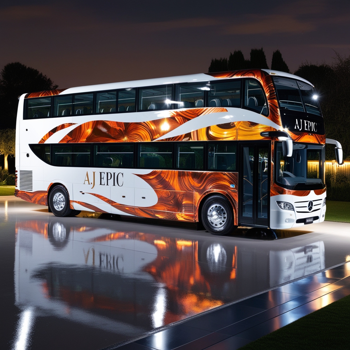 "AJ EPIC 50 seater bus traveling along the Dubai Marina"