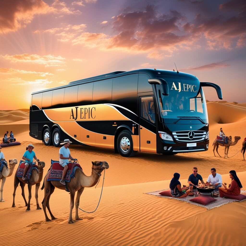 "Tourists enjoying a camel ride across golden sand dunes"