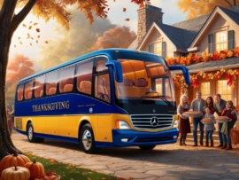 Luxurious Mercedes bus parked outside a cozy home decorated for Thanksgiving with autumn leaves.