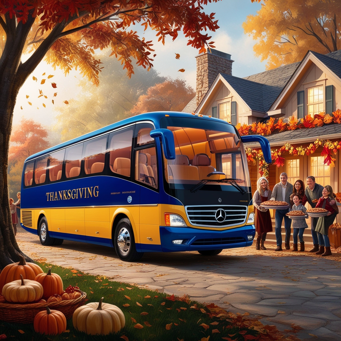 Luxurious Mercedes bus parked outside a cozy home decorated for Thanksgiving with autumn leaves.