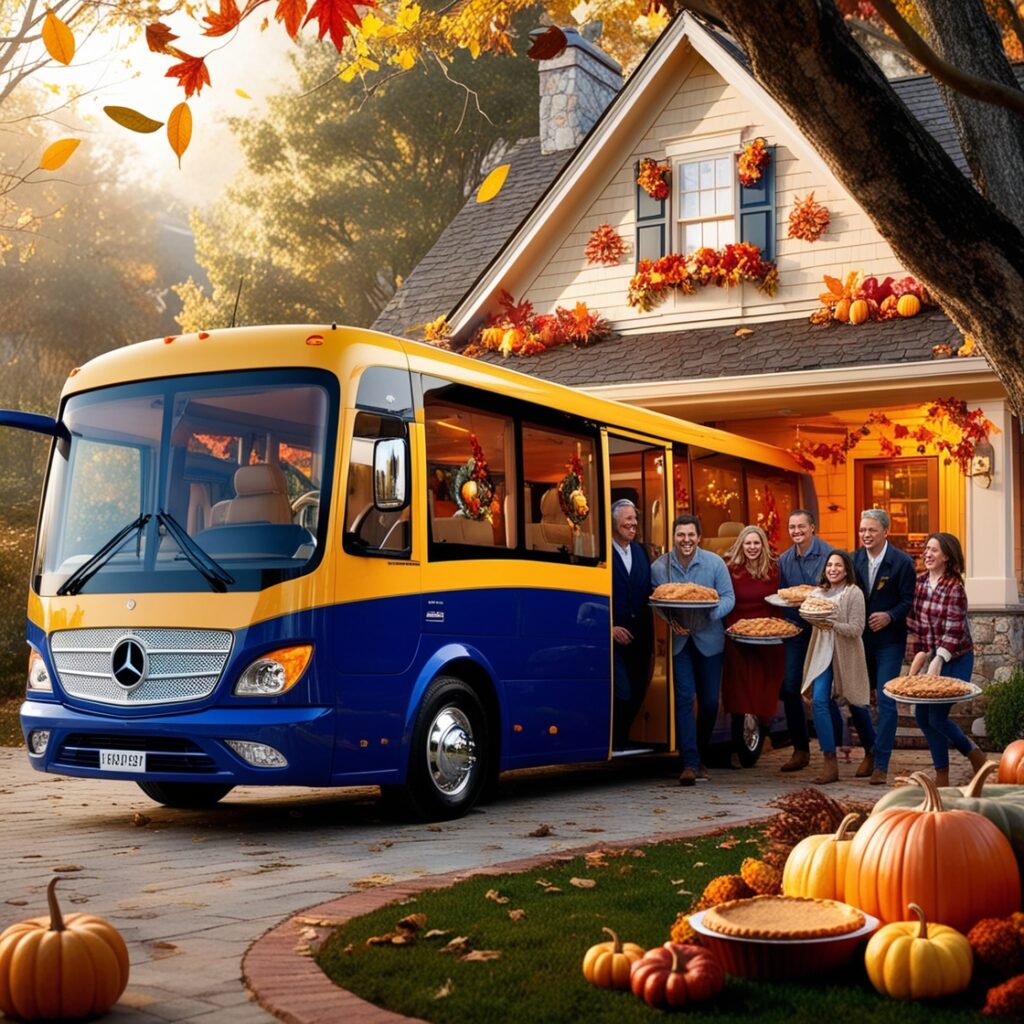 Group of friends and family joyfully gathering near the royal blue and yellow bus with Thanksgiving dishes.