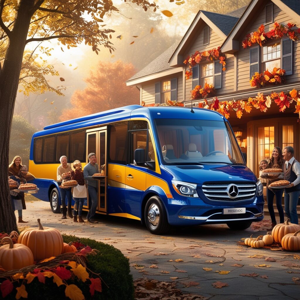 Warm Thanksgiving feast set up on a table inside the home, with the bus visible in the background.