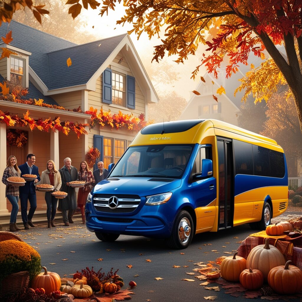 Scenic view of the bus surrounded by colorful fall foliage, capturing the spirit of Thanksgiving.