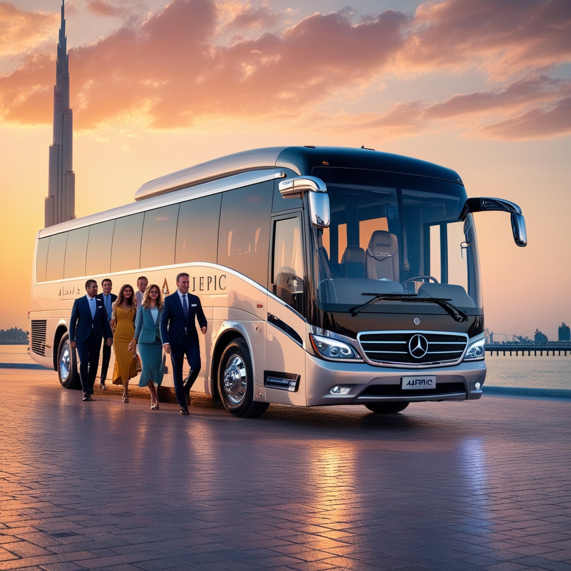 Luxury Mercedes bus with AJEPIC branding parked in front of the Burj Khalifa during sunset.