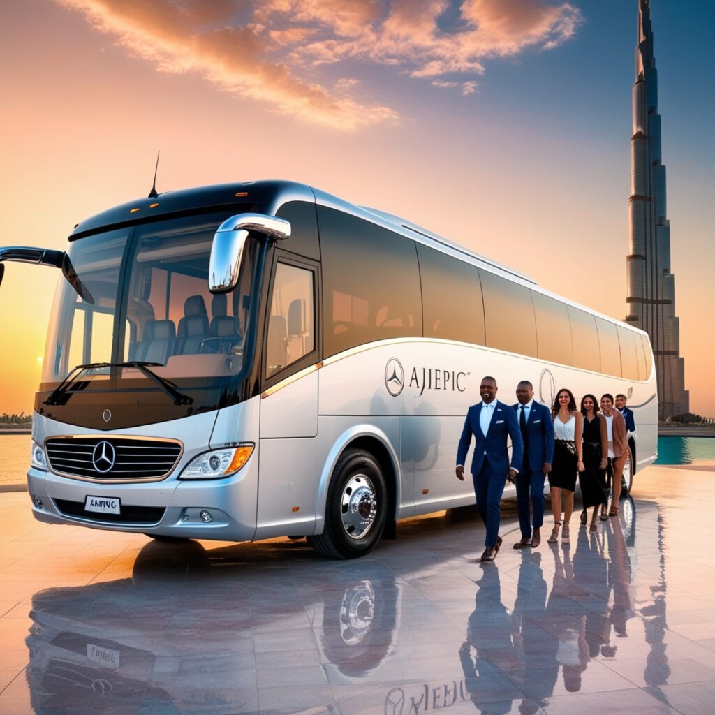 Luxury bus at a famous Dubai landmark, highlighting the elegance of group travel.