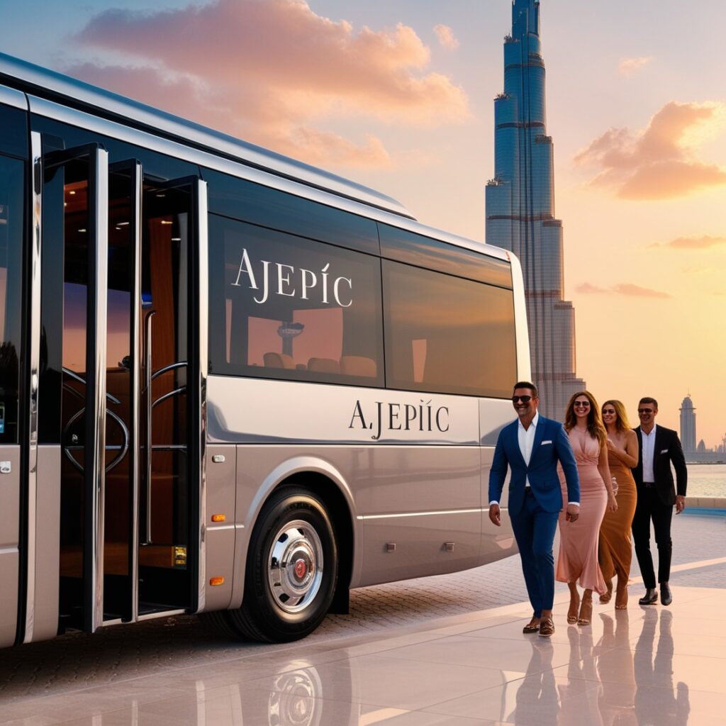 A group of friends enjoying their ride in a luxury bus while exploring Dubai.