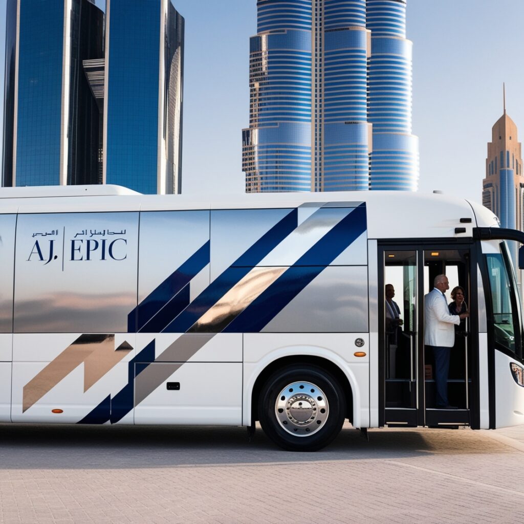 Exterior of a luxury bus in Dubai with clear "AJ EPIC" branding