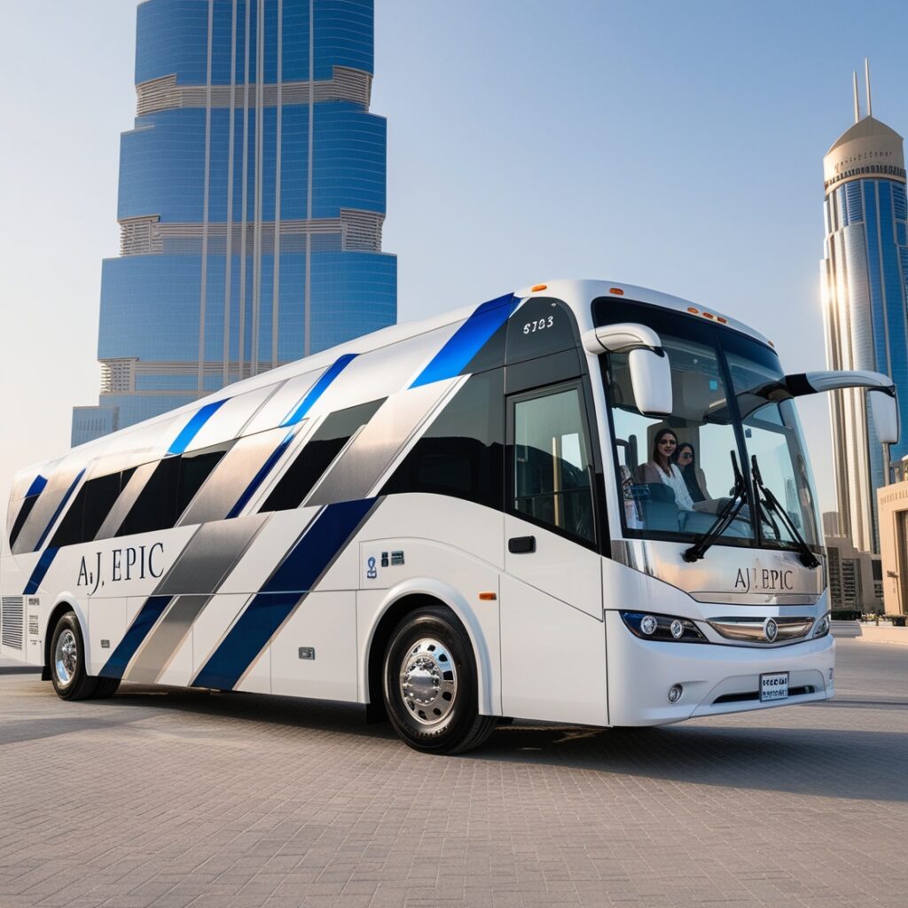 Interior view of a luxury bus with plush seating and modern amenities