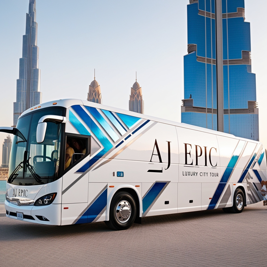 AJ EPIC bus parked near Dubai landmarks in an urban setting