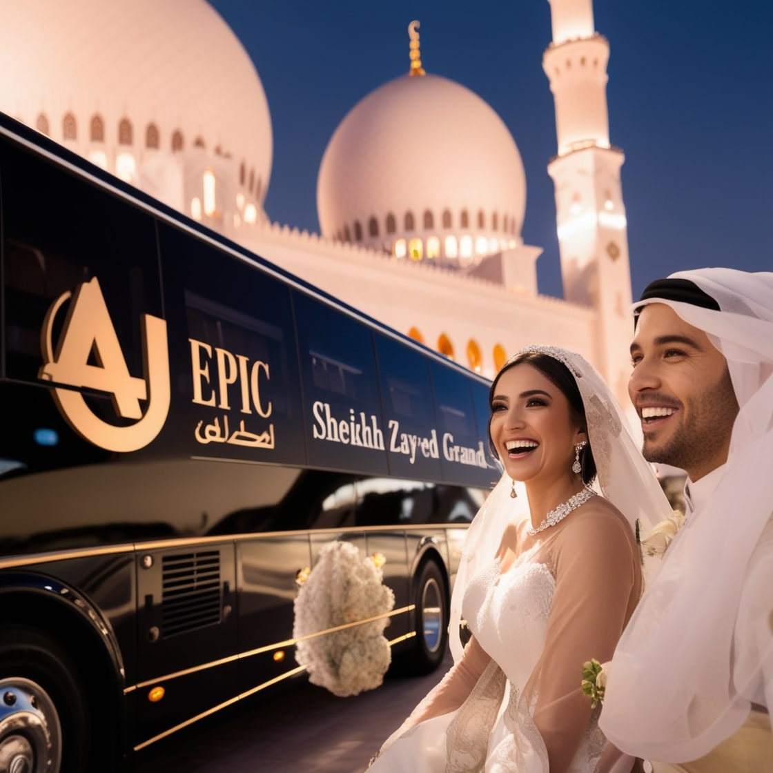 beautiful couple with aj epic wedding bus rental abu dhabi