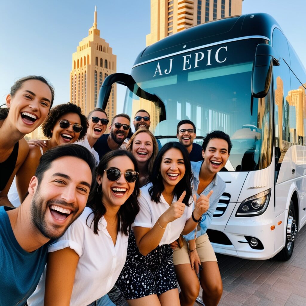 A group of happy tourists posing in front of a luxury Mercedes bus with the branding "AJ EPIC" in Dubai. The bus is parked against a backdrop of the iconic Dubai skyline, showcasing the city's vibrant atmosphere and luxury travel options.