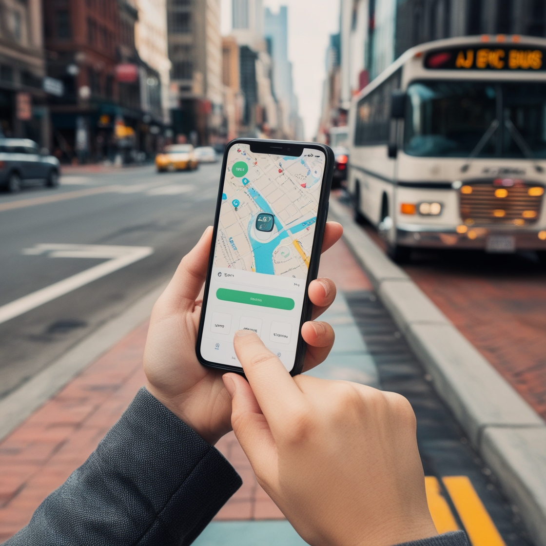 Person using a smartphone to navigate the city with a transportation app