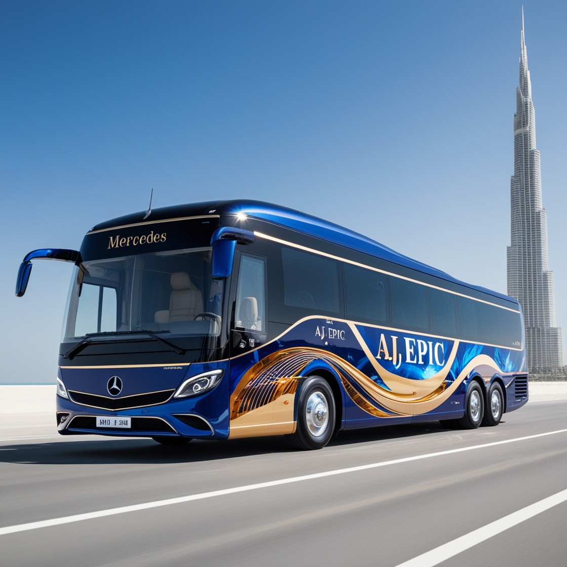 Luxury Mercedes bus with AJ EPIC branding on a Dubai road