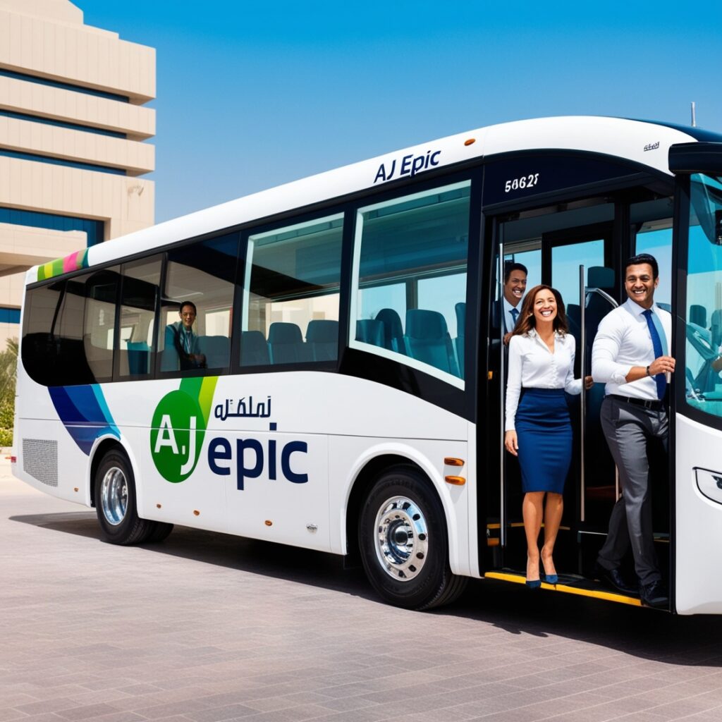 Passengers transport service with employees boarding a bus in Dubai.