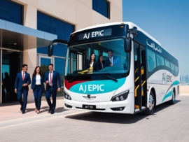 Passengers transport service with employees boarding a bus in Dubai.