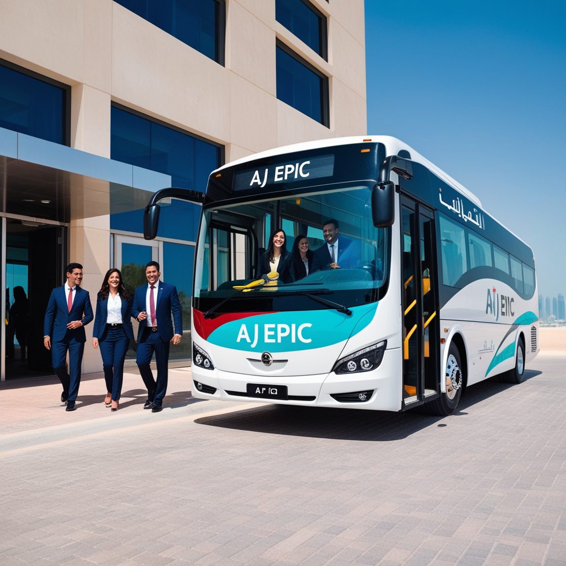 Passengers transport service with employees boarding a bus in Dubai.