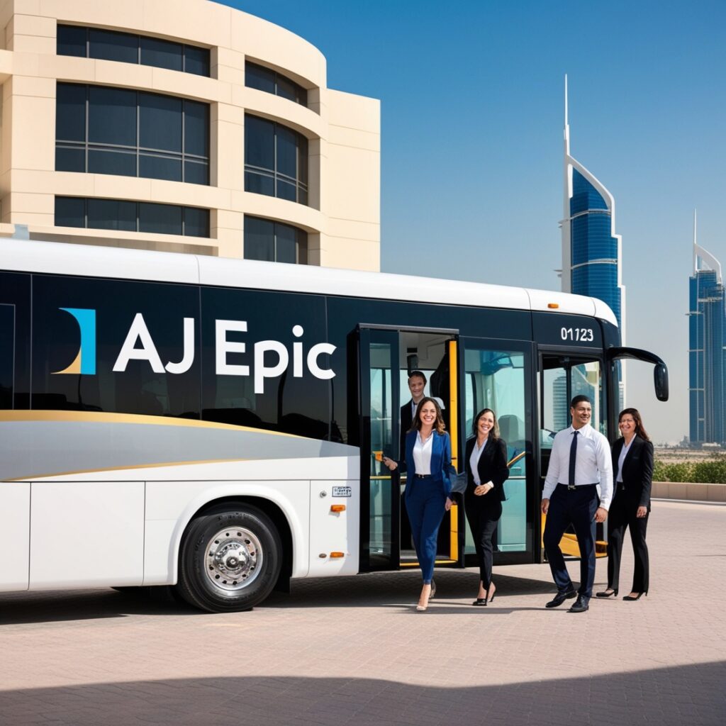 Passengers transport service with employees boarding a bus in Dubai.