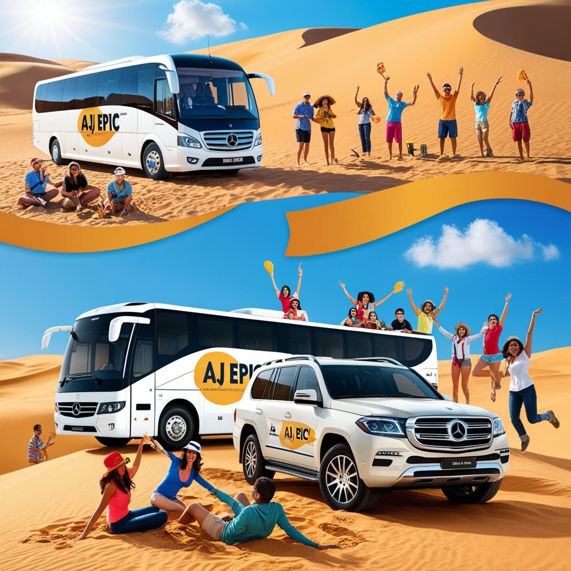 Luxurious coach bus parked in the Dubai desert.