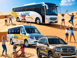 "Luxury VIP bus rental driving towards Dubai desert for a safari adventure."