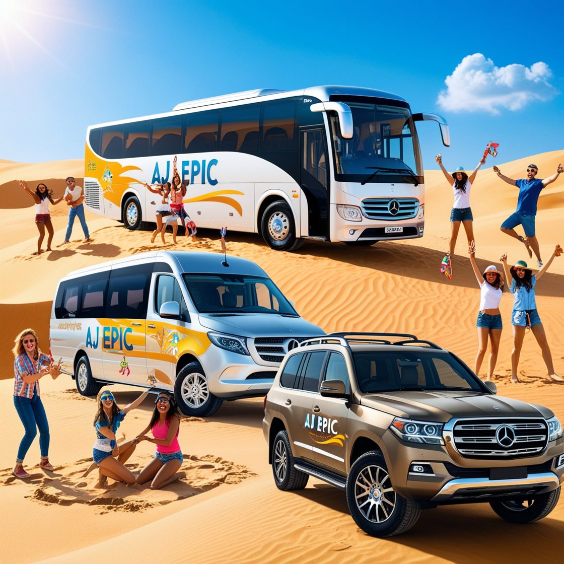 "Luxury VIP bus rental driving towards Dubai desert for a safari adventure."