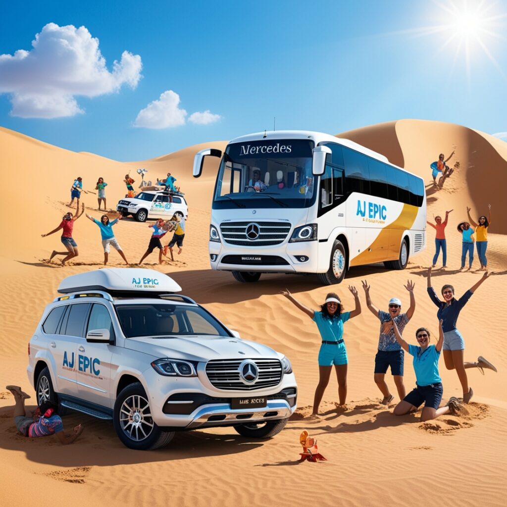 Tourists enjoying a desert safari with a customized bus.
