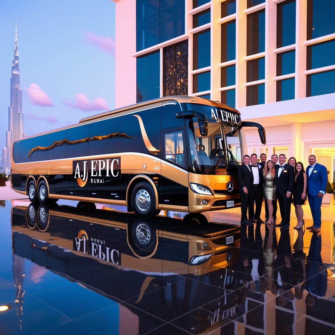 Luxurious modern Mercedes bus in Black and Gold design parked outside an event venue in Dubai, reflecting on the polished pavement, with happy passengers in formal attire arriving for a corporate event, and the Burj Khalifa visible in the distance.